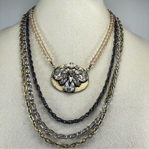 Stunning Unsigned Gold Silver Black Tone Chain Multi Layer Rhinestone Necklace